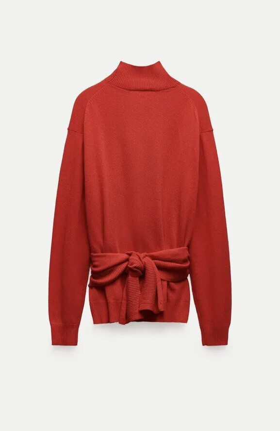ZARA WOMAN 2024 100% CASHMERE KNOTTED SWEATER High collar RED Sz