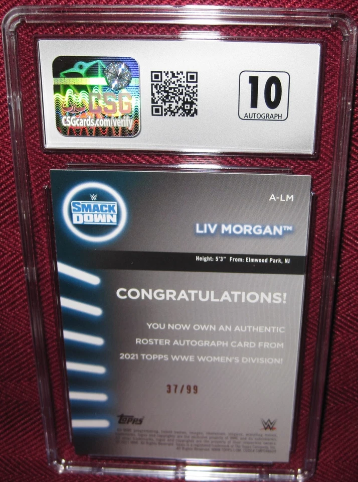 2021 WWE WOMEN'S DIVISION AUTOGRAPH A-LM LIV MORGAN PURPLE 37/99 CSG 8.5 AUTO 10 - Image 4 of 4