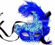 Couple Blue Masquerade Lace Mask Pair Feather Birthday Mardi Gras Carnival Party