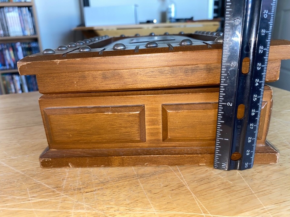 Vtg Wood Jewelry Box Faux Leather Decorative Nails Yellow Velvet