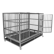 47" Heavy Duty Dog Crate Kennel Folding Iron Pet Cage 2 Door + Tray