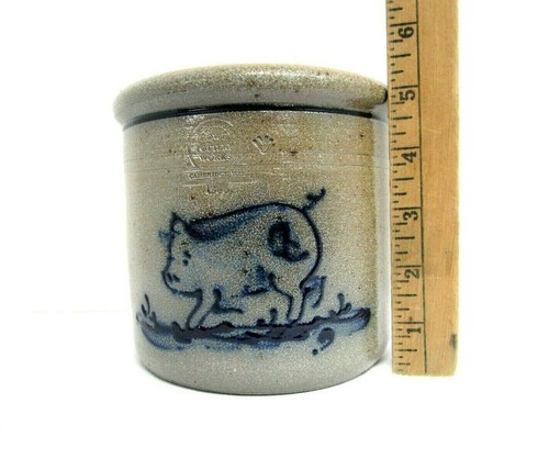 Vtg 1988 Rowe Pottery Works Salt Glazed Stoneware Pig Crock Farmhouse Kitchen - Picture 8 of 12