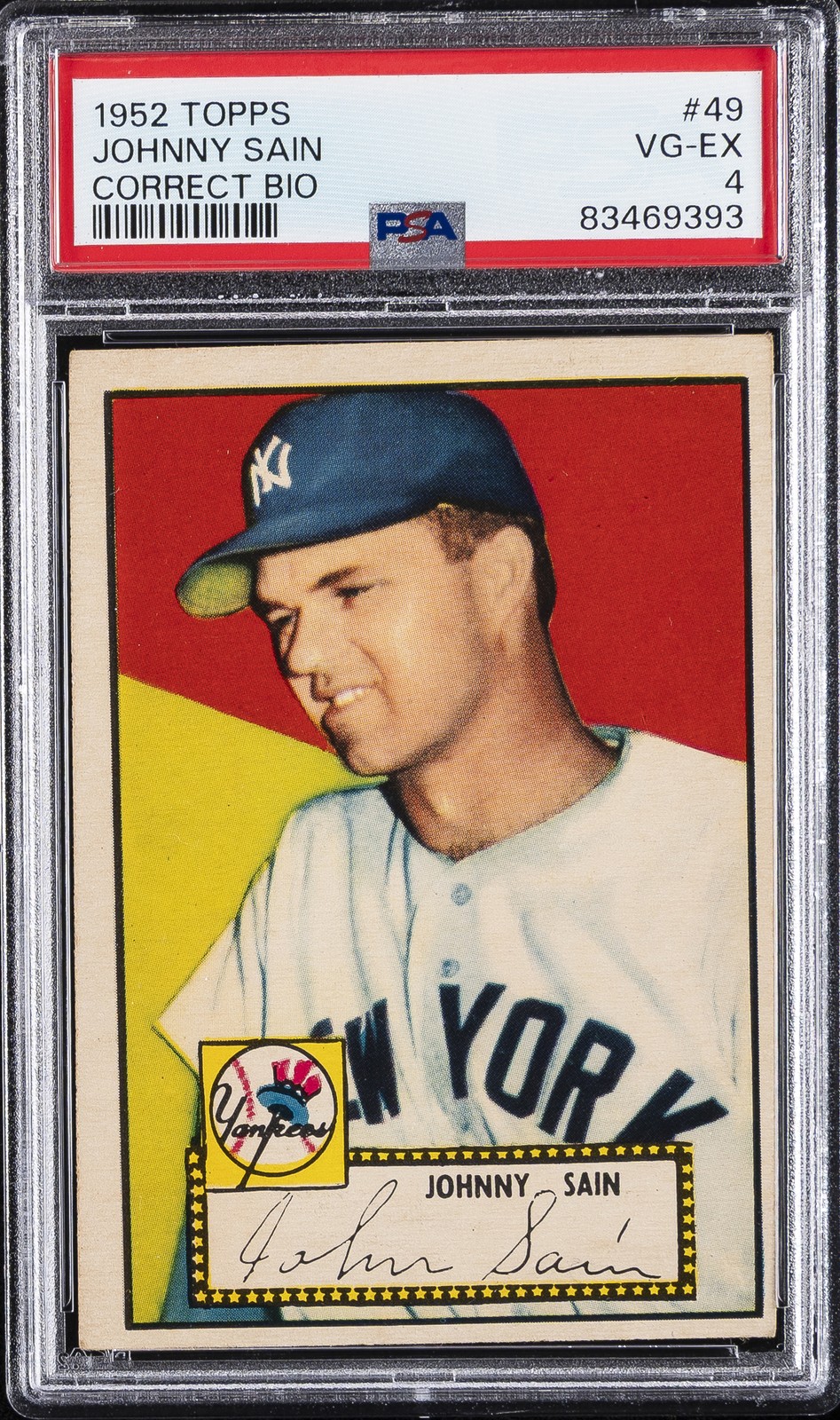 1952 TOPPS CORRECT BIO #49 JOHNNY SAIN PSA 4