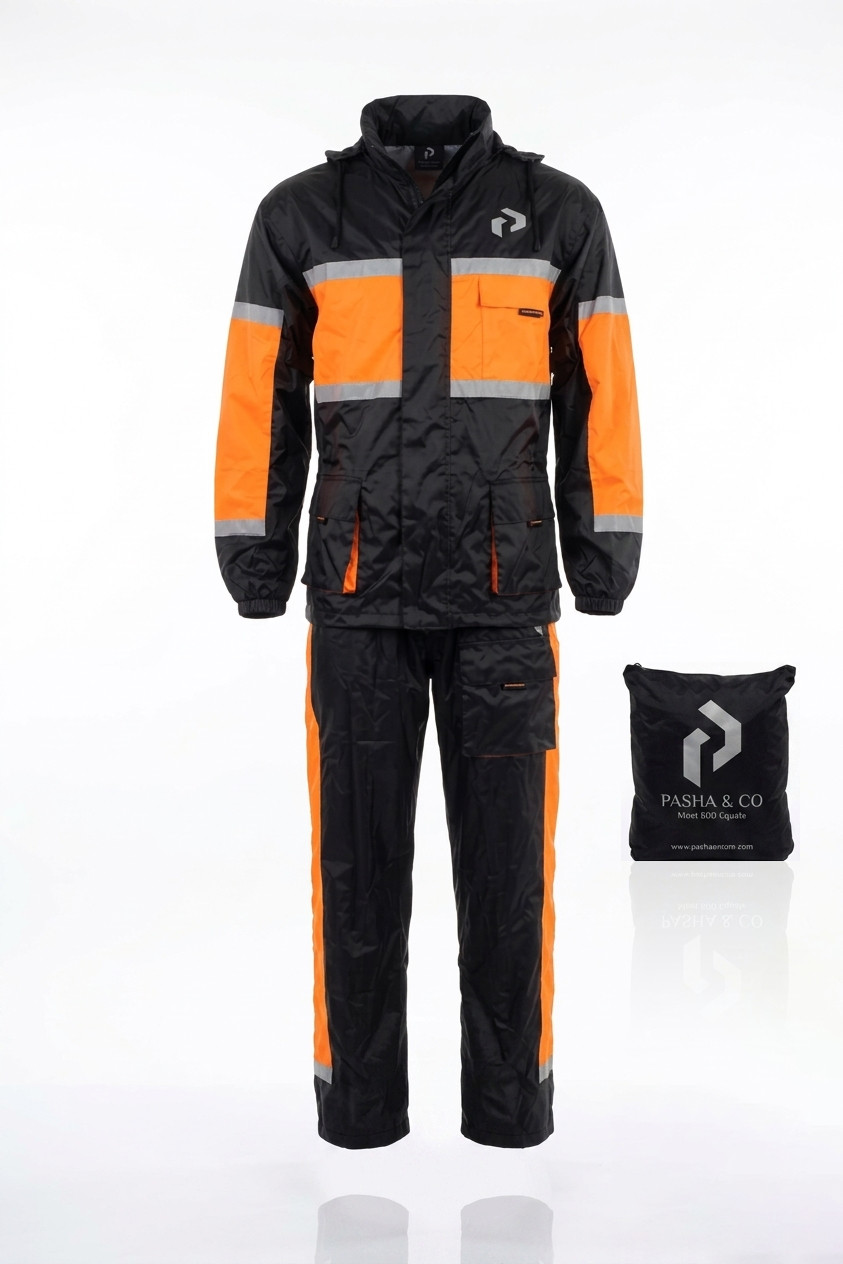 Tuta antipioggia uomo impermeabile moto giacca/pantalone nero/arancione suit with BAG