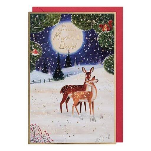 Traditional Christmas Card Mum and Dad Woodland Deer Moon - Festive Xmas Card