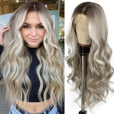 SAPPHIREWIGS Long Wavy 13x4 Synthetic Lace Front Wig Highlight Grey Hair Natural