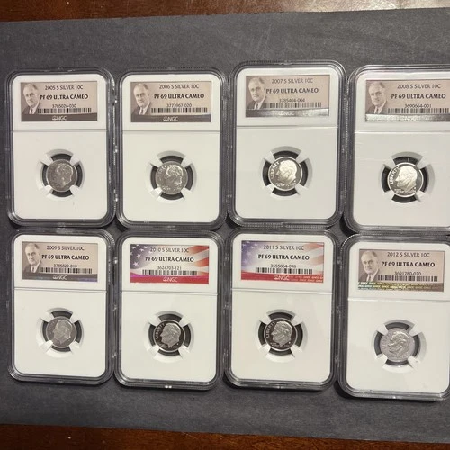 8- NGC PF69 ULTRA CAMEO Roosevelt Silver Dimes 2005S - 2012S