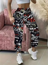 Casual Letter Print Tapered Jogger Pants - Elastic Waistband & Cuffs, Bold Graph