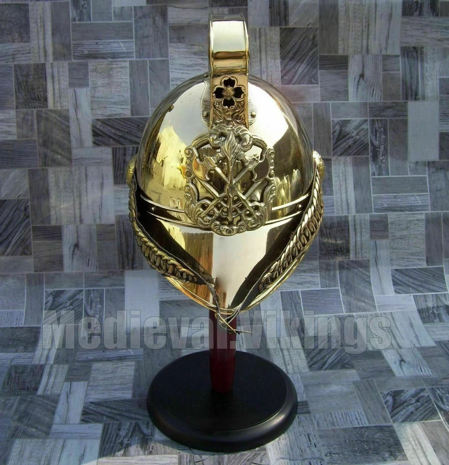 Casque de pompier britannique chef style vintage en laiton avec support en bo... - Photo 2/4