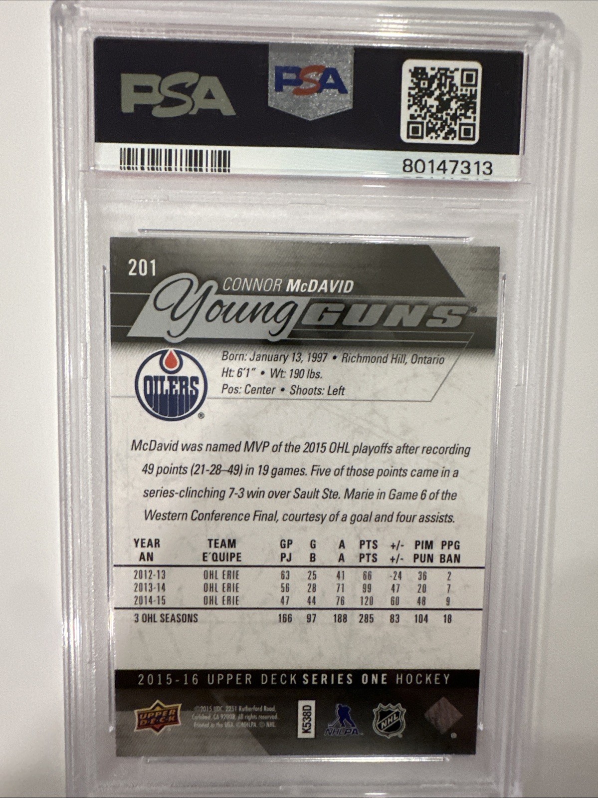 2015-16 Upper Deck Young Guns Connor McDavid Oilers Rookie card PSA 9 Auto #201 view 5