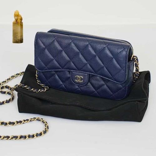 Chanel Classic Flap Mini Blue Caviar Leather Gold HW Shoulder Bag Preowned Authe