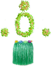 Hawaiian Luau Hula Grass Skirt with Large Flower Costume Set for Dance Party Dec