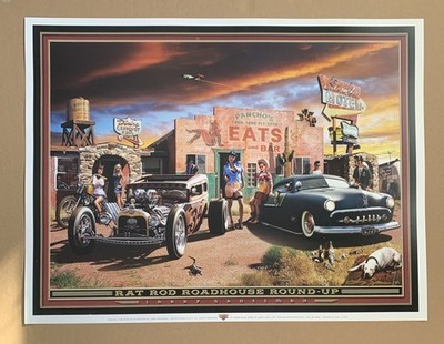 HOT ROD ART PRINT ''RAT ROD ROADHOUSE''  Larry Grossman Signed Hot Rods Girls A1