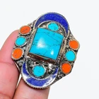 Turquoise Coral Lapis Lazuli Adjustable Ring Boho Tibetan Nepali Jewelry NR 3467