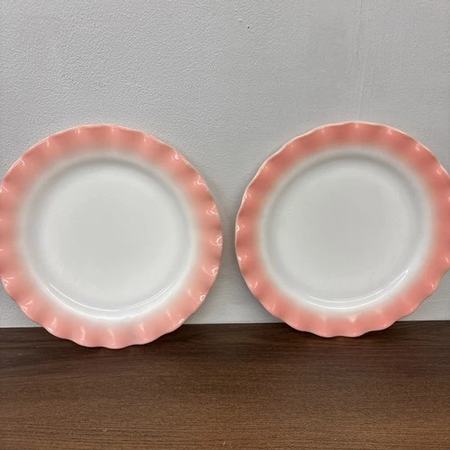 Pair of Vintage Hazel Atlas 9” Pink & Milk Glass Ripple Plates