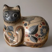 Vtg Mexican Tonala Side Loafing Cat Folk Floral Hand Painted Clay Pottery 12x10”