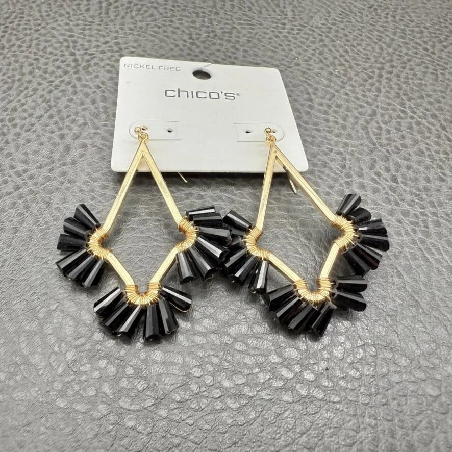 Chico's Statement Earrings Geometric Drop Dangle Gold Tone Beaded Nickel Free - Image 3 of 4