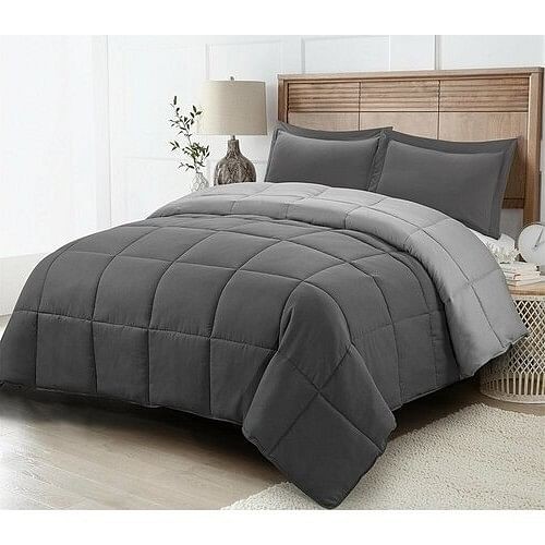Full/Queen Traditional Microfiber Reversible 3 Piece Comforter Set in Grey - Picture 3 of 3