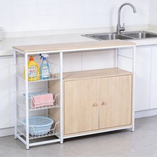 Coffee Bar Cabinet Kitchen Storage Organizer with Wire Baskets Microwave Stand