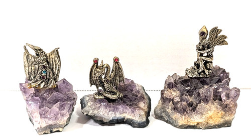 Dragon ,Wizard & Fairy ,Each on Natural Amethyst Crystal Cluster 3" Paperweights