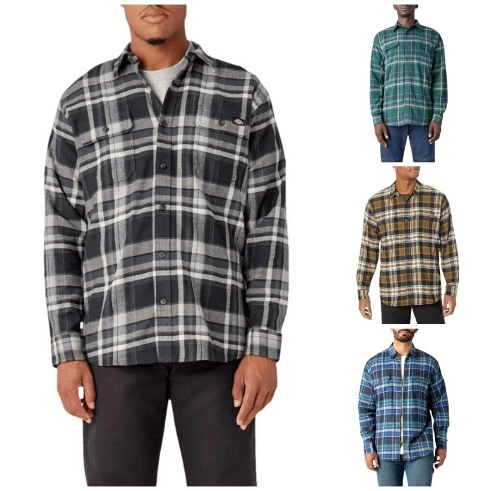 Dickies Men's Long Sleeve Shirt Plaid Button Up Relaxed Fit Flex Flannel WL650