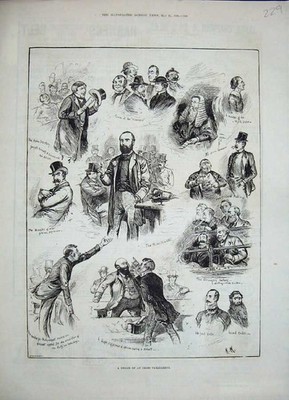 Alter antiker Druck 1886 Irland Parlament Premierminister Innenminister 19.