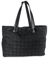 Authentic CHANEL Black Nylon Leather Travel Line Shoulder Tote Bag France