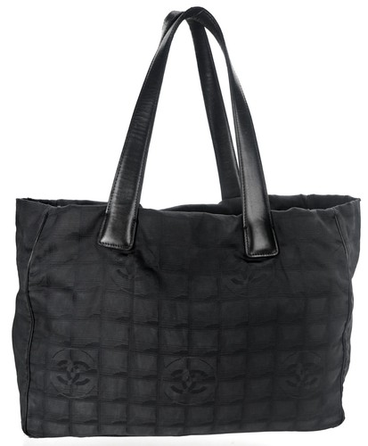 Authentic CHANEL Black Nylon Leather Travel Line Shoulder Tote Bag France
