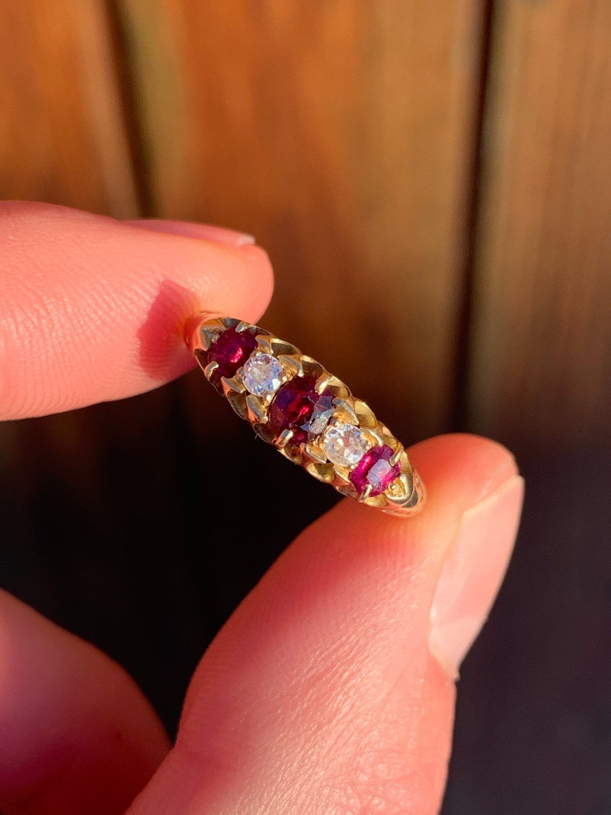 18ct gold diamond ruby 5 stone ring Victorian - image 2