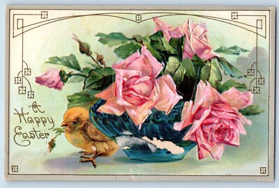 Easter Postcard Little Chick And Pink Roses Flowers Embossed c1910's Antique