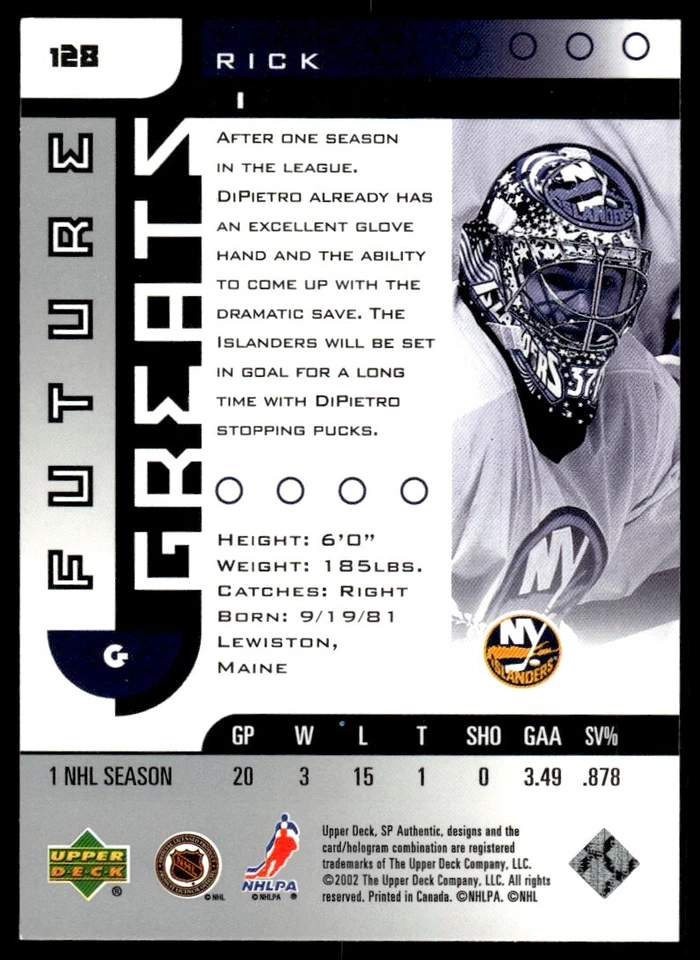 2001-02 SP Authentic Rick DiPietro 1640/3500 New York Islanders #128 - Image 2 of 2