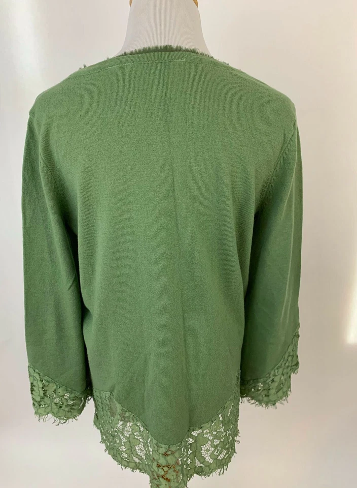 SOFT AROUND Suéter Para Mujer Verde Algodón Cachemira Mezcla Encaje Ribete M Foto 2 de 4