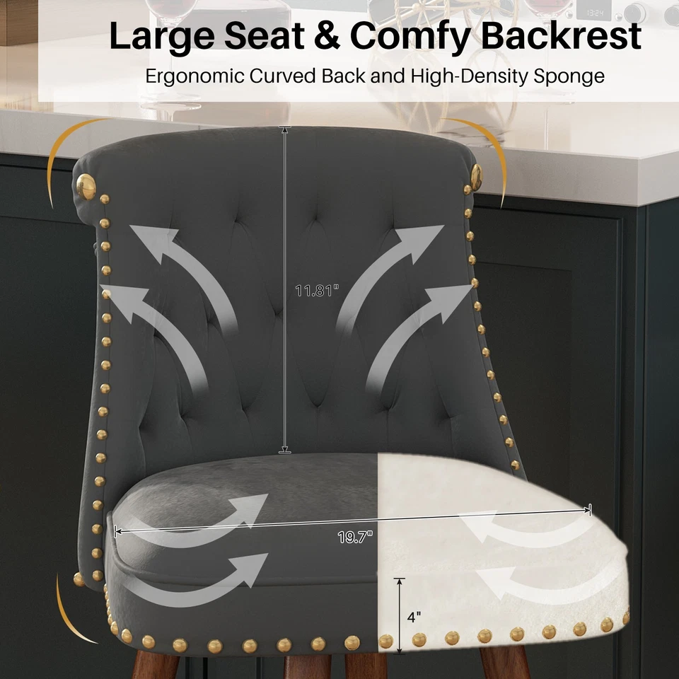 24" Velvet Counter Height Bar Stools Swivel Bar Stools Set of 2 Wood Legs Gray - Image 3 of 4