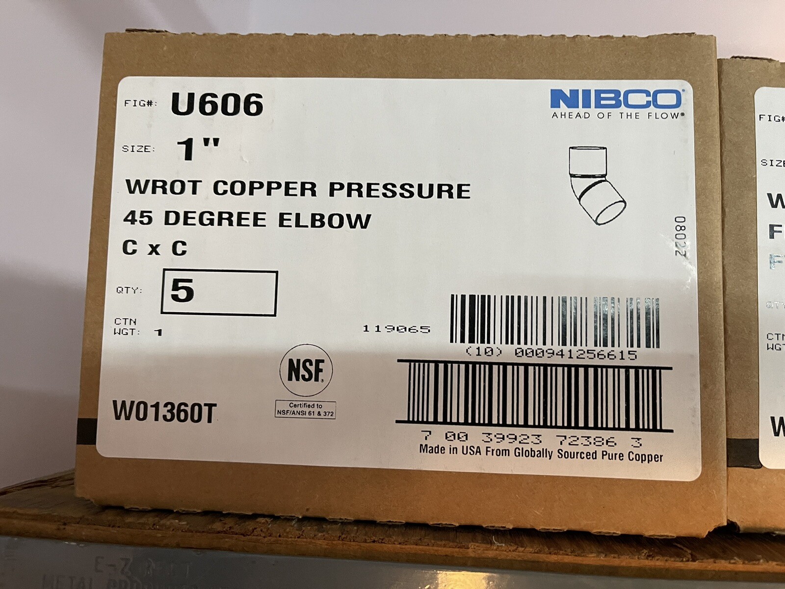 Nibco W01360T 45 Degree Elbow, 1” Wrot Copper