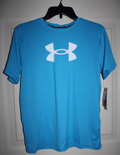 NWT Under Armour Swim Big Logo Boy's Large Capri Blue S/S Shirt UPF 50 