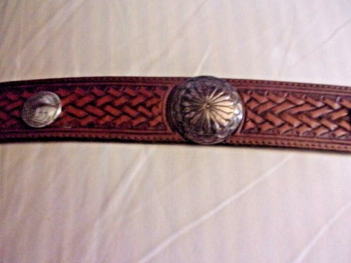 Vintage Hand Tooled Leather Belt with Silver Discs - Picture 2 of 8
