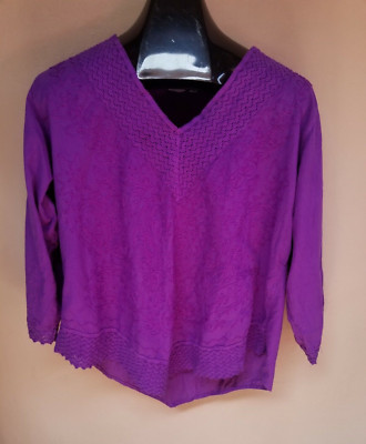 Asha Womens Embroidered V-Neckline Blouse Top Size 42 Purple Cotton 3/4 Sleeves