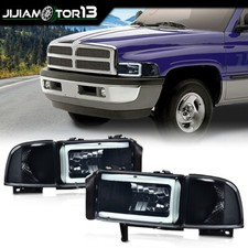 Fit For 94-02 Dodge Ram 1500 2500 3500 Smoke Lens Headlight Led Tube C Light Bar
