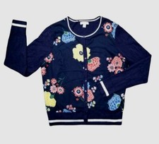 69 Charter Club Women Blue Floral Long Sleeve Button Cardigan Sweater Top Sz M