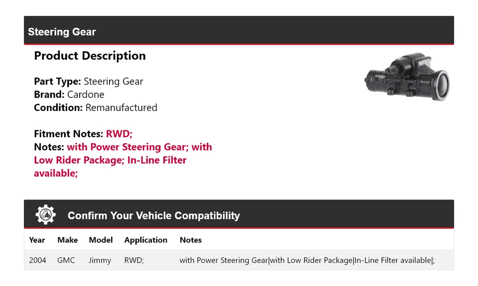 Engrenagem de direção Cardone GMC Jimmy RWD para 2004 - Imagem 2 de 4