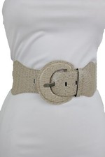 Women Casual Elastic Band Belt Hip High Waist Beige Faux Leather Day Wear XS S M