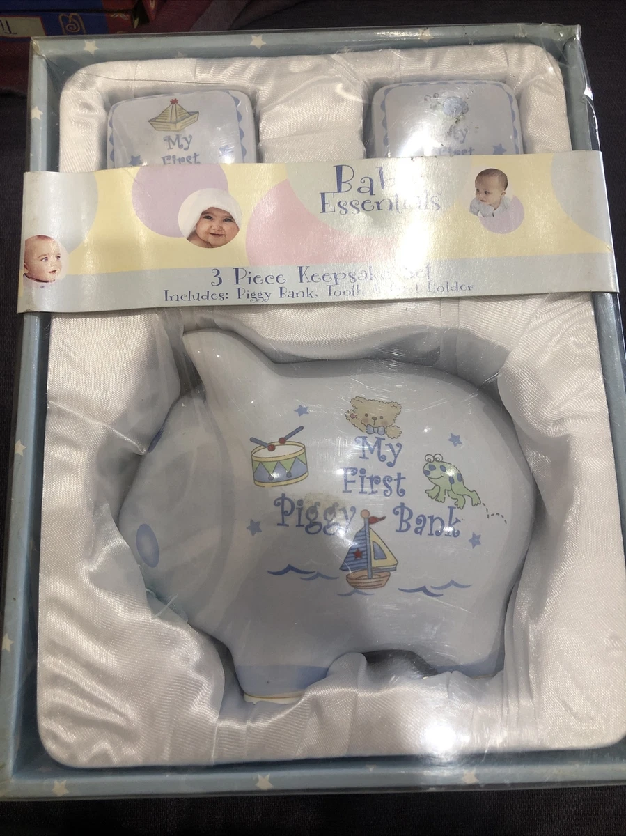 Baby Essentials 3 Piece Ceramic Keepsake Set First Tooth Curl Piggy Bank Blue