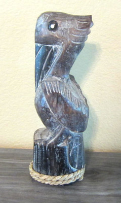 Hand Carved Wooden Pelican Bird Brown Rustic Finish Art Statue Nautical Beach