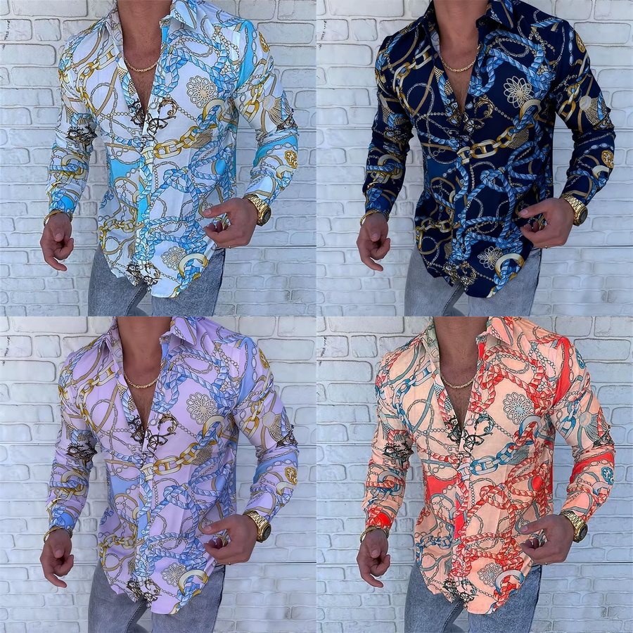 Button Down Shirt Men Fashion Luxury chain European and American Fashion Shirt-image