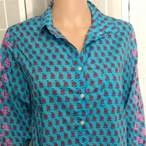 ** J. Crew Re-imagined Blue Button-up Floral Shirt wl/Pink Floral Accents M - Afbeelding 2 van 15