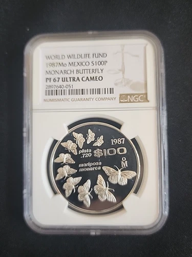 1987 World Wildlife Fund Mexico NGC PF67 Ultra Cam $100 Moneda Monarch Butterfly