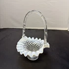 Vintage FENTON Glass French Opalescent  Hobnail Crimped 7” Basket