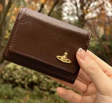 NWT Vivienne Westwood Purse Tri-fold Mini Wallet Brown Leather Gold Orb Logo
