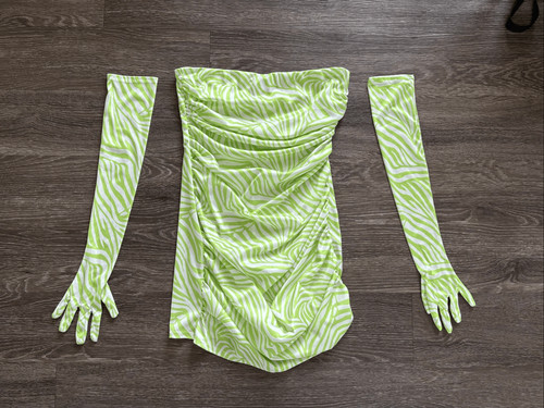 NWOT Miscreants London x Revolve Green Zebra Cupid Mini Dress With Gloves US 10