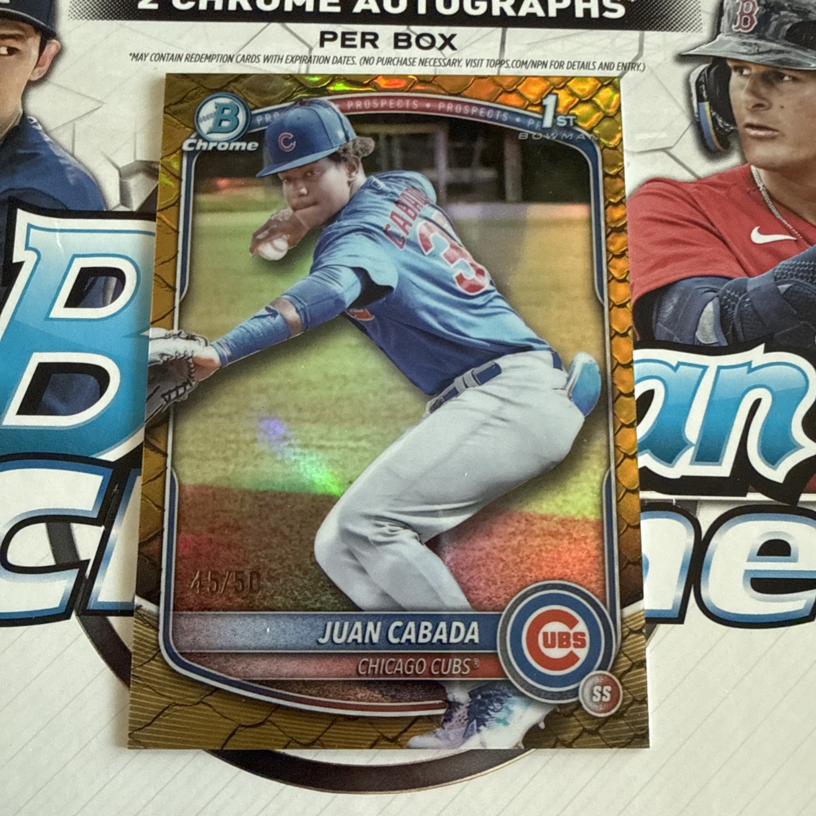 2025 Bowman Chrome Juan Cabada 1st Bowman Reptilian Gold Refractor /50 Cubs
